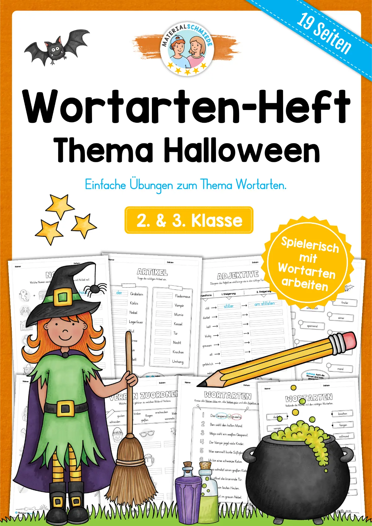 Arbeitsheft Wortarten - Thema Halloween (19 Arbeitsblätter) - 2. & 3. Klasse