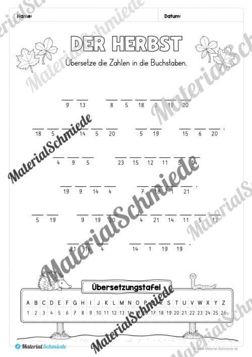 Geheimschrift übersetzen: Herbst (Arbeitsblatt)