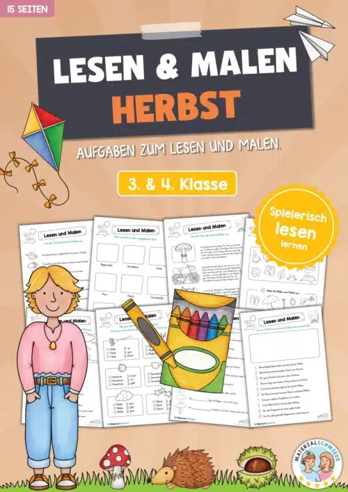 15 Arbeitsblätter zum Lesen & Malen im Herbst