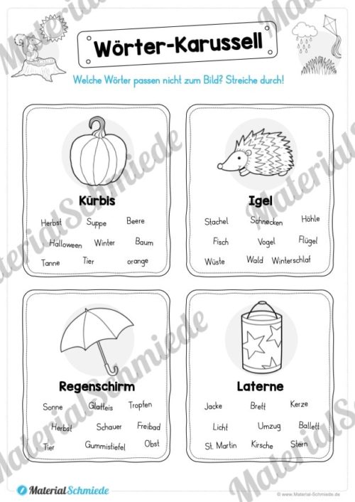 10 Leseübungen zum Herbst (Wörter-Karussell)