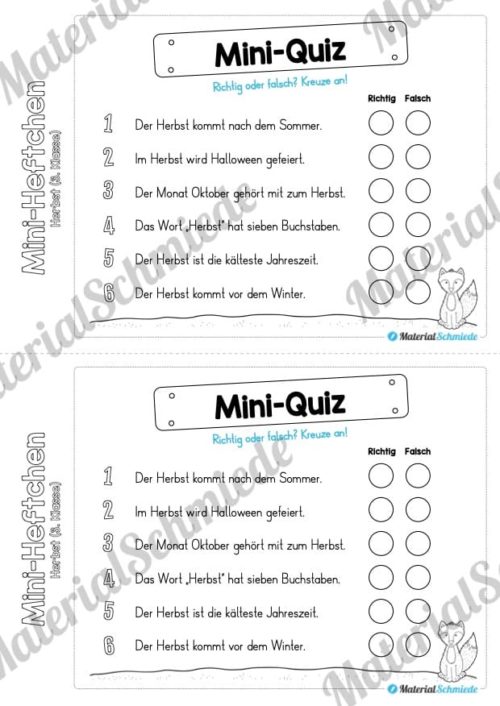Mini-Heft: Herbst für die 3. Klasse (Mini-Quiz)