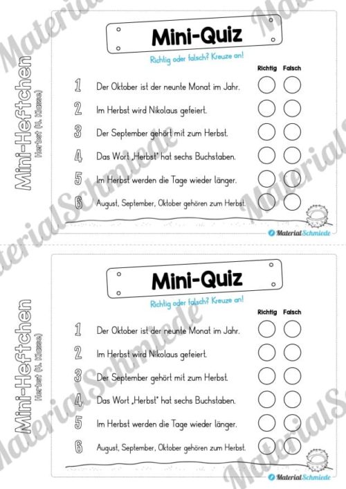 Mini-Heft: Herbst für die 4. Klasse (Mini-Quiz)