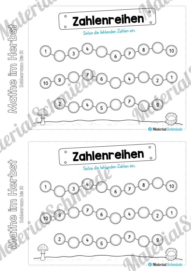 Mini-Heft: Mathe im Herbst – Zahlenraum bis 10 (Zahlenreihen)