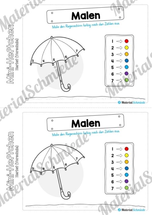 Mini-Heft: Herbst für die Vorschule (Regenschirm ausmalen nach Zahlen)