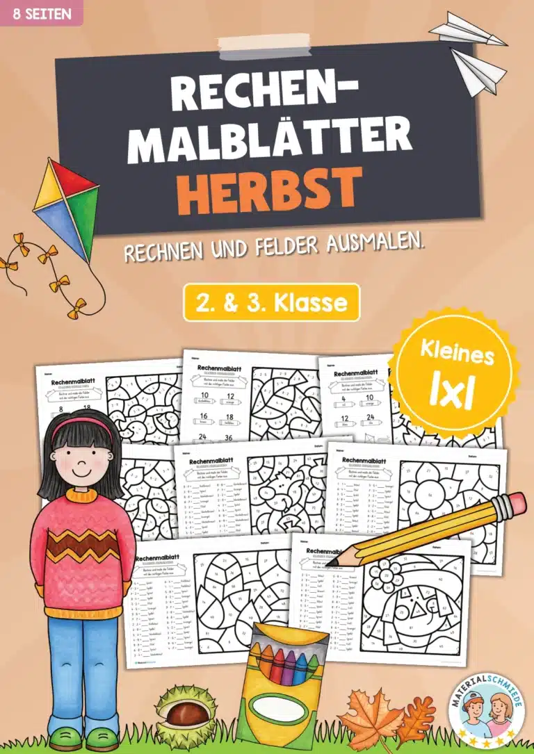 8 Rechenmalblätter Herbst: Kleines 1×1