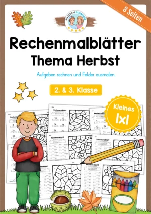 8 Rechenmalblätter Herbst: Kleines 1x1 (2. & 3. Klasse)