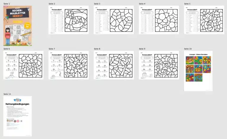 8 Rechenmalblätter Herbst: Kleines 1×1 (Überblick)