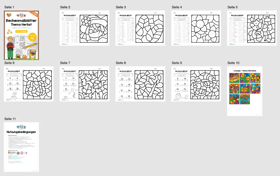 8 Rechenmalblätter Herbst: Kleines 1x1 (2. & 3. Klasse) - Überblick