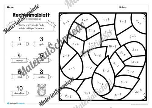 8 Rechenmalblätter zum Herbst im Zahlenraum 10 (Vorschau 07)