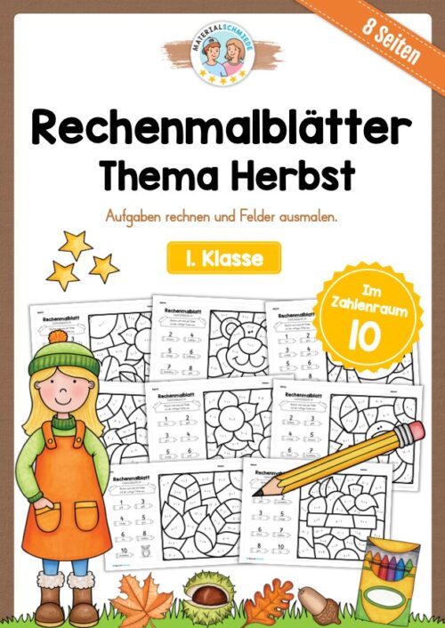 8 Rechenmalblätter zum Herbst im Zahlenraum 10
