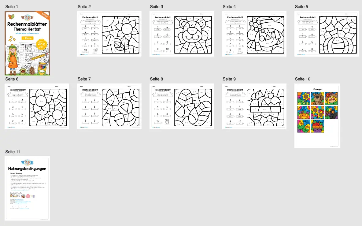 8 Rechenmalblätter Herbst: Zahlenraum 10 (1. Klasse) - Überblick