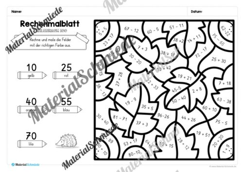 8 Rechenmalblätter zum Herbst im Zahlenraum 100 (Vorschau 06)