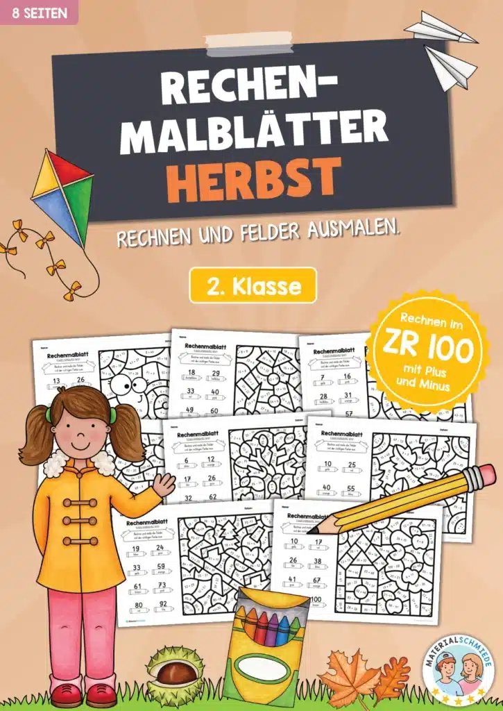 8 Rechenmalblätter Herbst: Zahlenraum 100