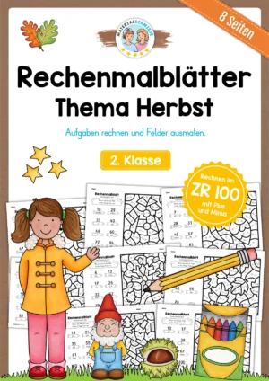 8 Rechenmalblätter Herbst: Zahlenraum 100 (2. Klasse)