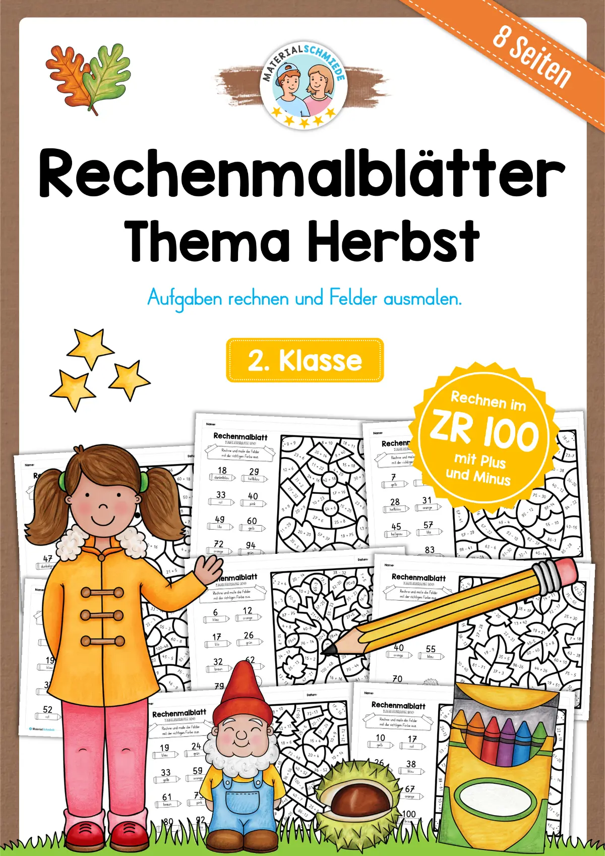 8 Rechenmalblätter Herbst: Zahlenraum 100 (2. Klasse)