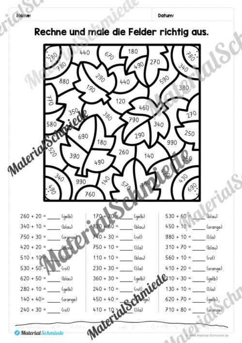 8 Rechenmalblätter Herbst: Zahlenraum 1.000 (Vorschau 01)