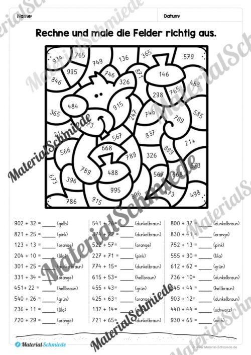 8 Rechenmalblätter Herbst: Zahlenraum 1.000 (Vorschau 02)