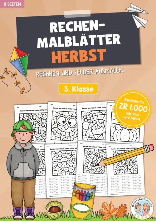 8 Rechenmalblätter Herbst: Zahlenraum 1.000
