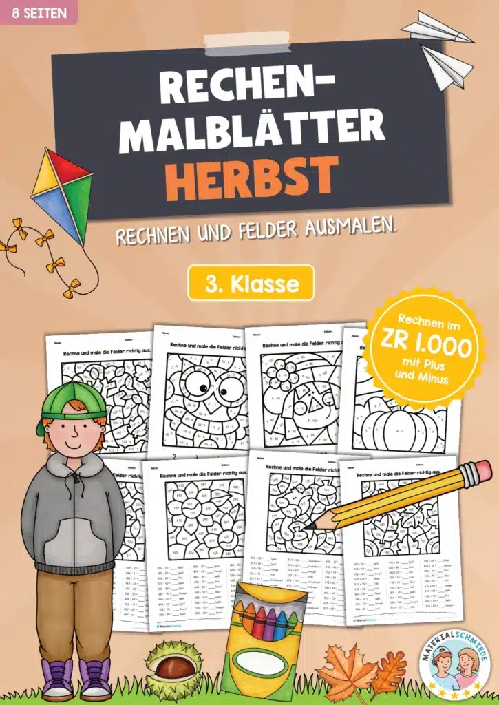 8 Rechenmalblätter Herbst: Zahlenraum 1.000