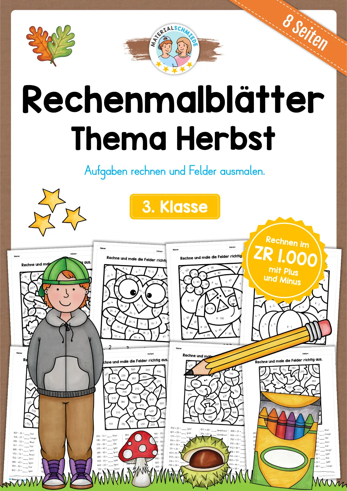 8 Rechenmalblätter Herbst: Zahlenraum 1.000 (3. Klasse)