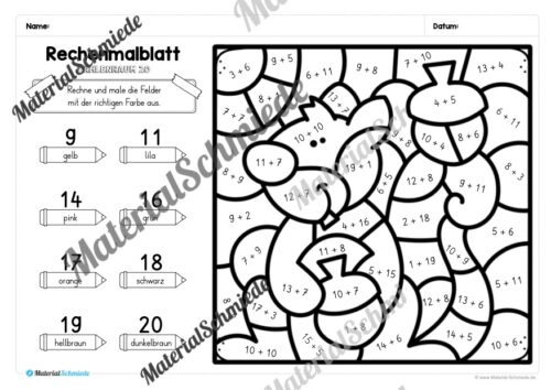 8 Rechenmalblätter zum Herbst im Zahlenraum 20 (Vorschau 02)