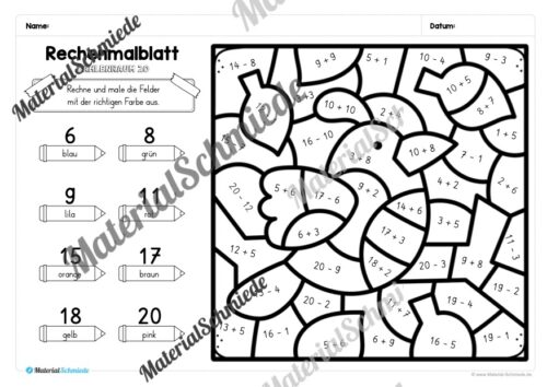 8 Rechenmalblätter zum Herbst im Zahlenraum 20 (Vorschau 05)