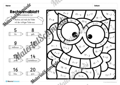 8 Rechenmalblätter zum Herbst im Zahlenraum 20 (Vorschau 06)