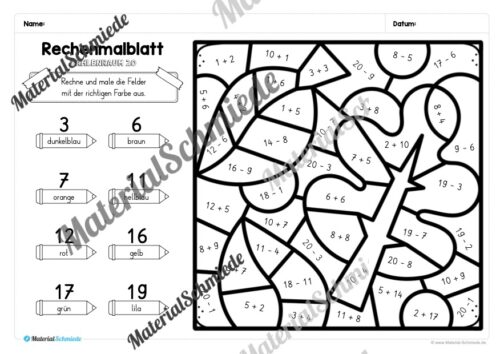 8 Rechenmalblätter zum Herbst im Zahlenraum 20 (Vorschau 07)