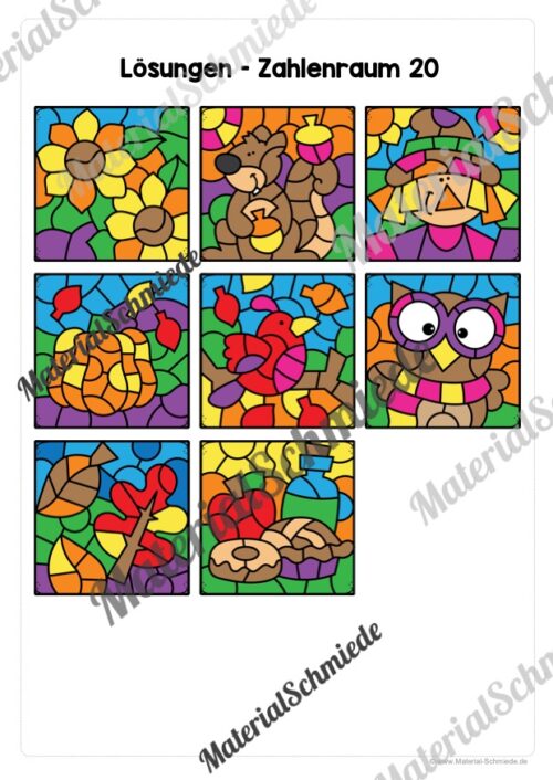 8 Rechenmalblätter zum Herbst im Zahlenraum 20 (Vorschau 09)