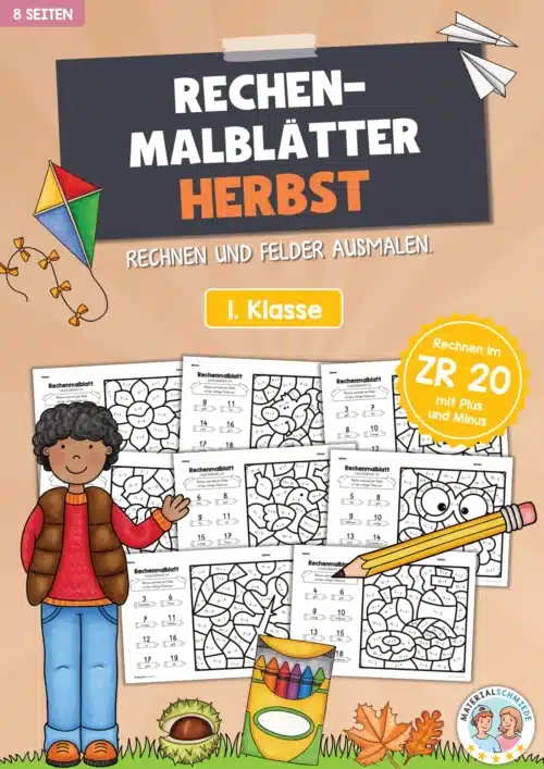 8 Rechenmalblätter Herbst: Zahlenraum 20