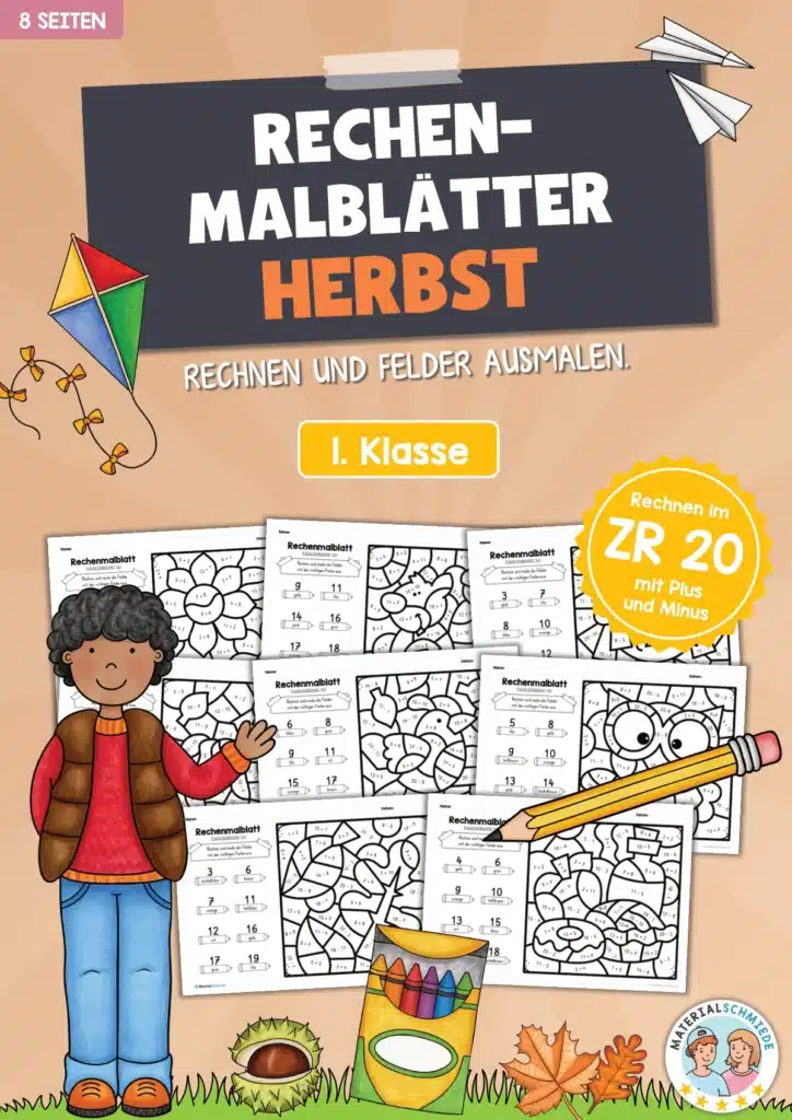 8 Rechenmalblätter Herbst: Zahlenraum 20