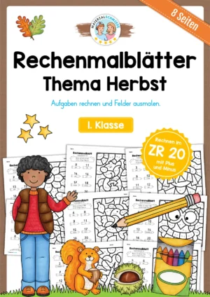 8 Rechenmalblätter Herbst: Zahlenraum 20 (1. Klasse)