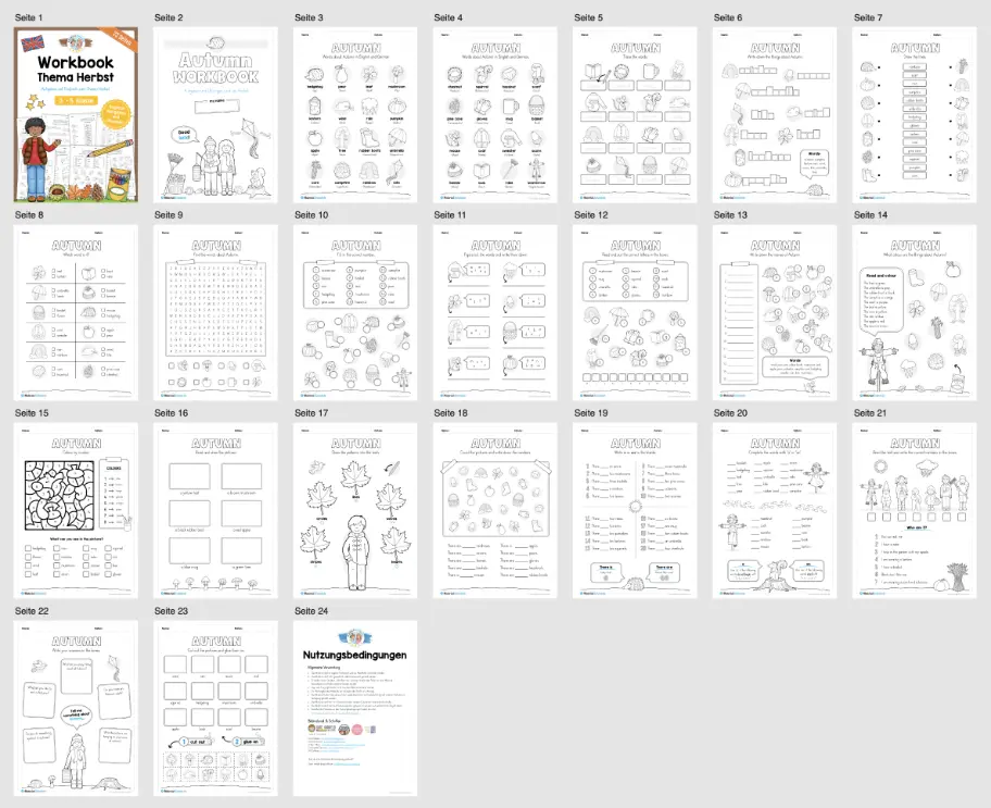 Workbook Herbst/Autumn auf Englisch (23 Arbeitsblätter) - Überblick