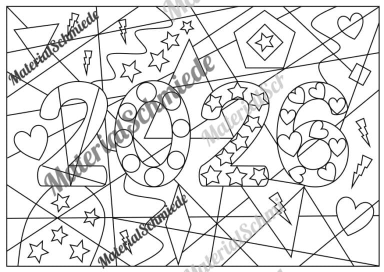 Ausmalbild PopArt Neujahr 2026 (Arbeitsblatt)