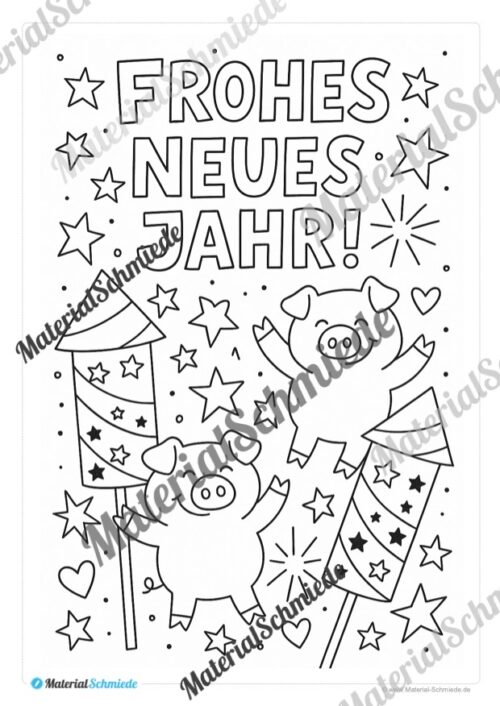 Ausmalbilder: Silvester, Neujahr, Jahreswechsel (8 Stück) - Arbeitsblatt 01