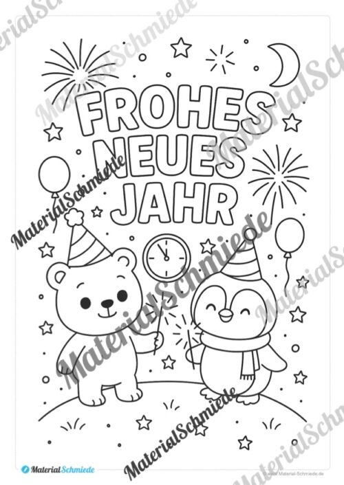 Ausmalbilder: Silvester, Neujahr, Jahreswechsel (8 Stück) - Arbeitsblatt 02