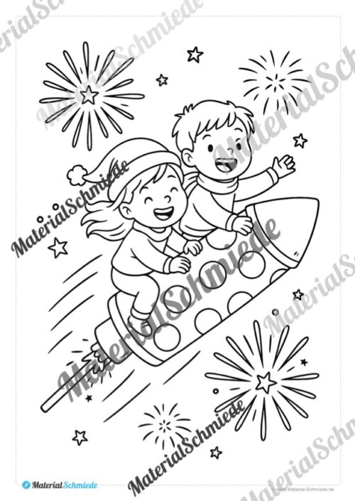 Ausmalbilder: Silvester, Neujahr, Jahreswechsel (8 Stück) - Arbeitsblatt 03