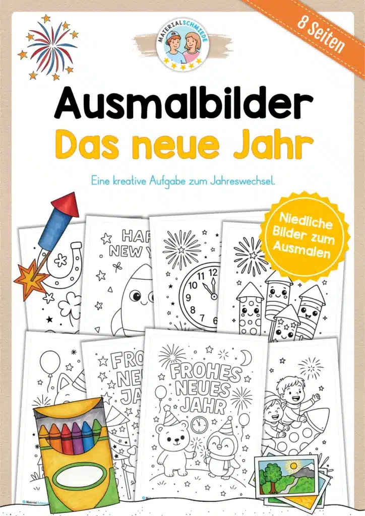 Ausmalbilder: Silvester, Neujahr, Jahreswechsel (8 Stück)
