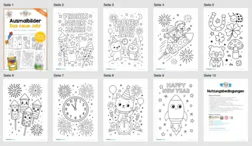 Ausmalbilder: Silvester, Neujahr, Jahreswechsel (8 Stück) - Überblick