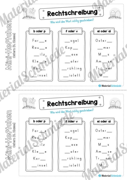 Mini-Heft: Ostern für die 4. Klasse (Rechtschreibung b oder p / f oder v / ei oder ai)