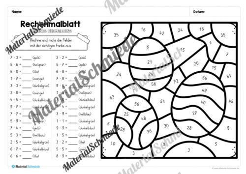 8 Rechenmalblätter Ostern: Kleines 1x1 (Arbeitsblatt 03)