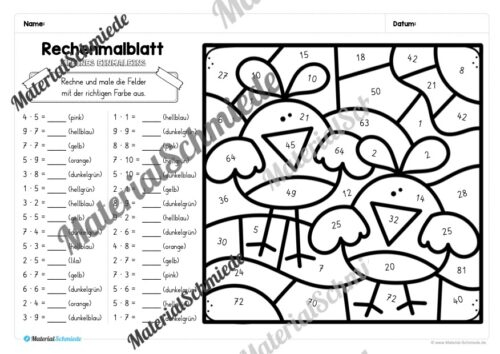 8 Rechenmalblätter Ostern: Kleines 1x1 (Arbeitsblatt 04)