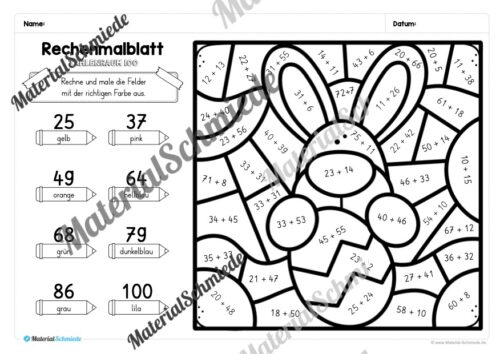 8 Rechenmalblätter Ostern: Zahlenraum 100 (Arbeitsblatt 01)