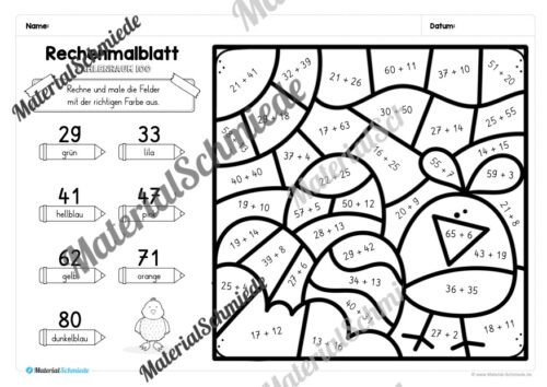 8 Rechenmalblätter Ostern: Zahlenraum 100 (Arbeitsblatt 02)