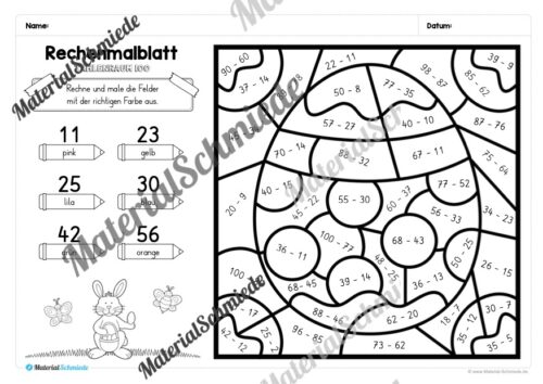 8 Rechenmalblätter Ostern: Zahlenraum 100 (Arbeitsblatt 03)