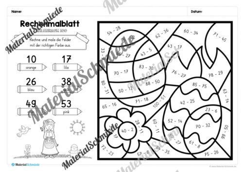 8 Rechenmalblätter Ostern: Zahlenraum 100 (Arbeitsblatt 04)