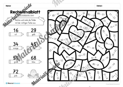 8 Rechenmalblätter Ostern: Zahlenraum 100 (Arbeitsblatt 05)