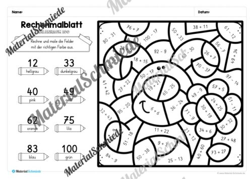 8 Rechenmalblätter Ostern: Zahlenraum 100 (Arbeitsblatt 06)