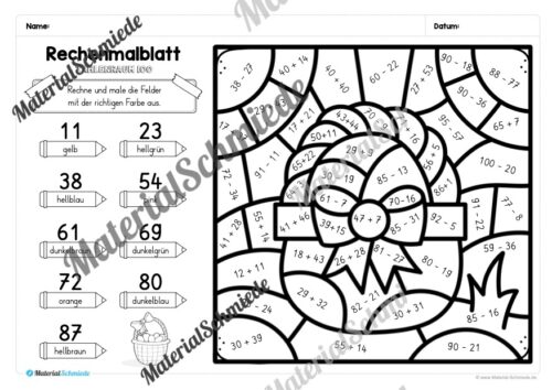 8 Rechenmalblätter Ostern: Zahlenraum 100 (Arbeitsblatt 07)