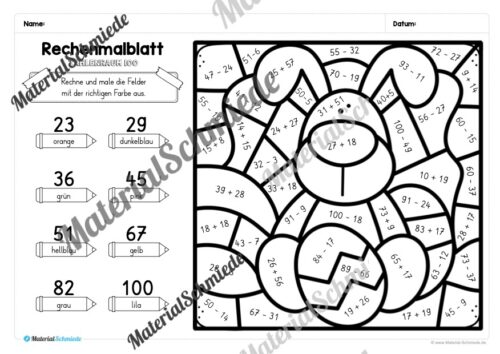 8 Rechenmalblätter Ostern: Zahlenraum 100 (Arbeitsblatt 08)